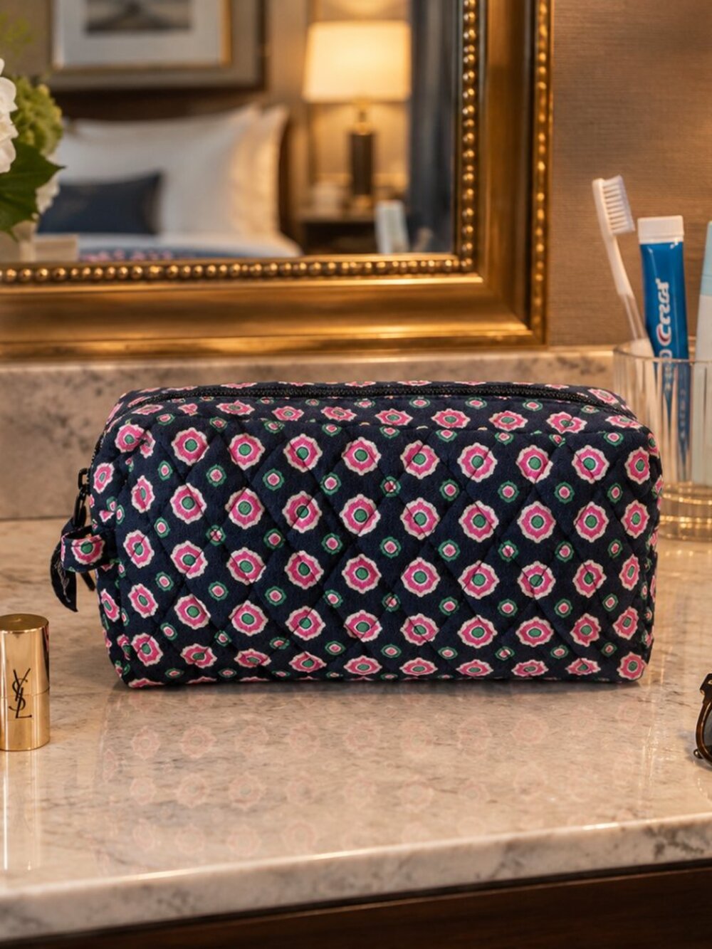 Vera Bradley 'Petal Dots' (Retired) Quilted Cosmetic Pouch - Navy and Pink